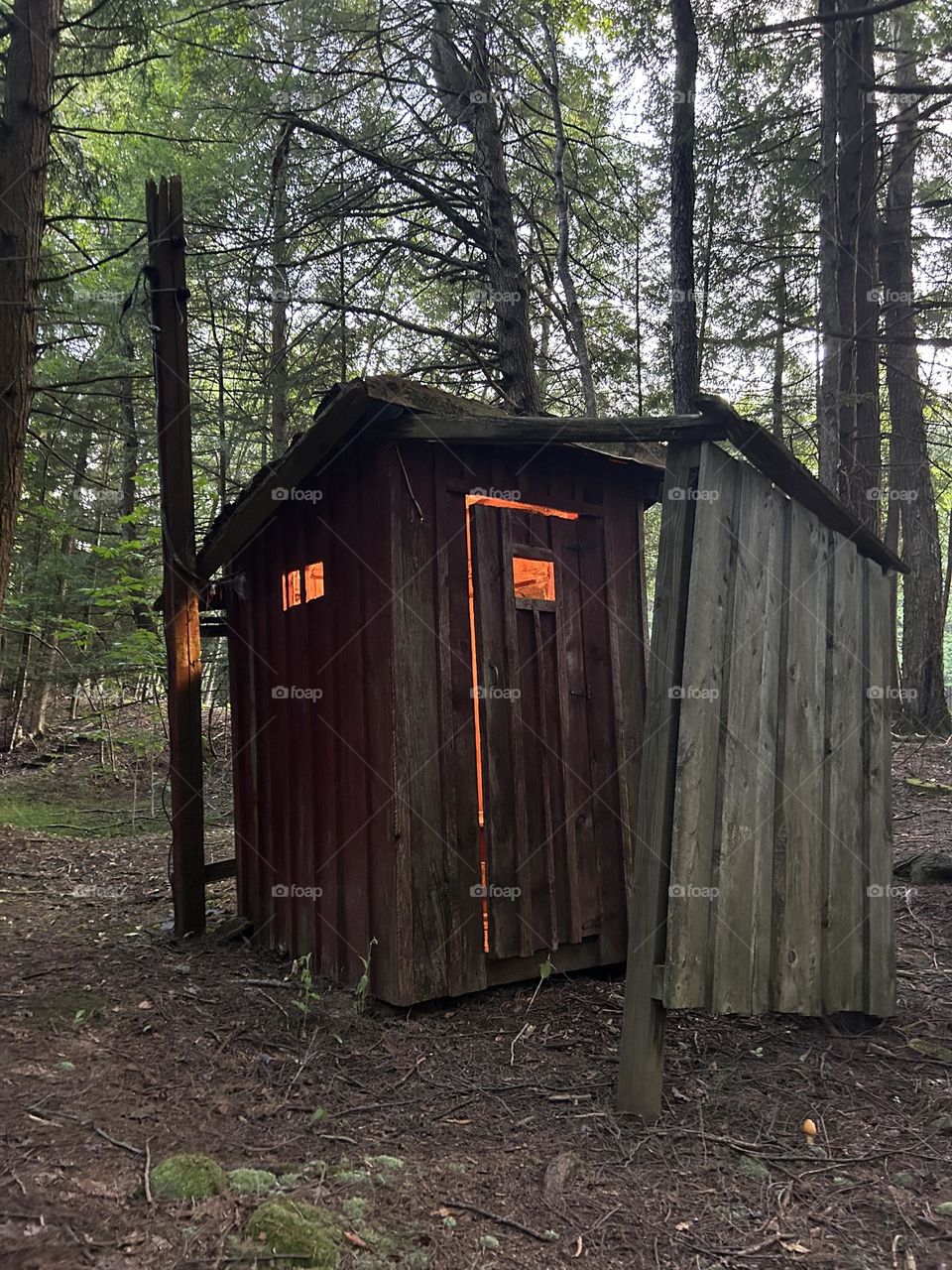 Old wooden outhouse in the woods with orange glow