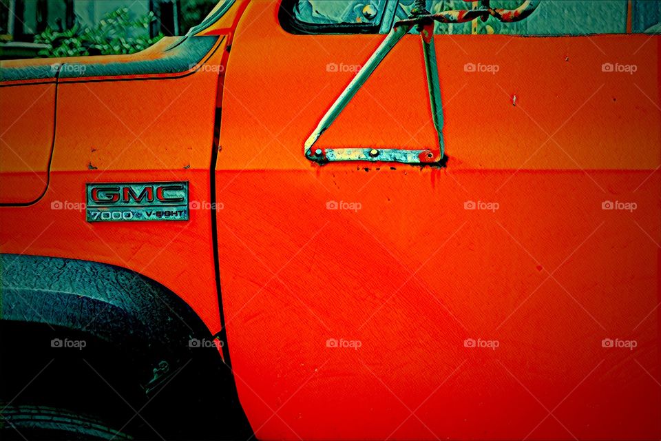Vintage GMC Orange Truck Side View Closeup 