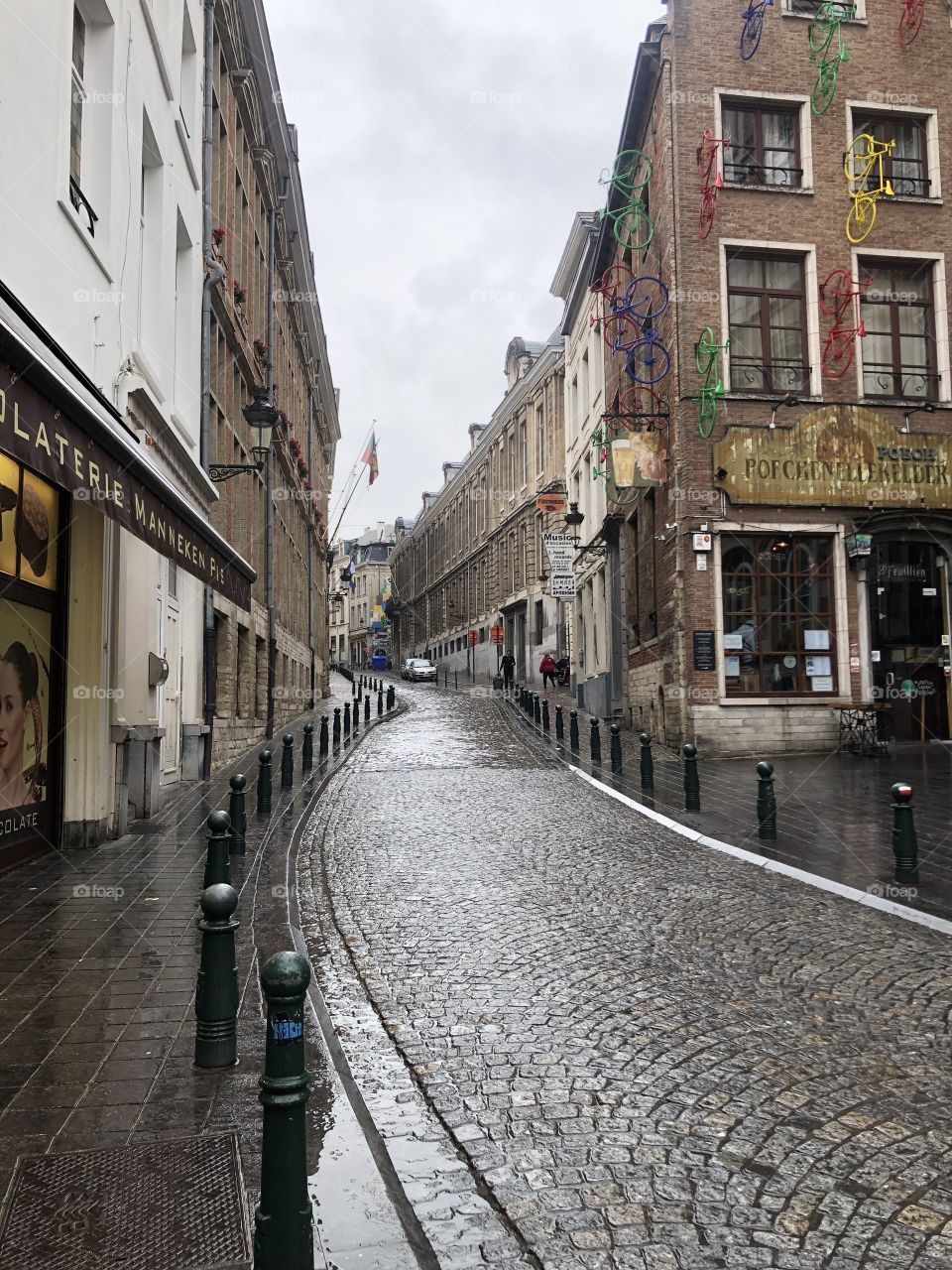 Morning street in Belgium. It had just rained so the road was still wet. I come here to travel, enjoy looking at the morning streets like this