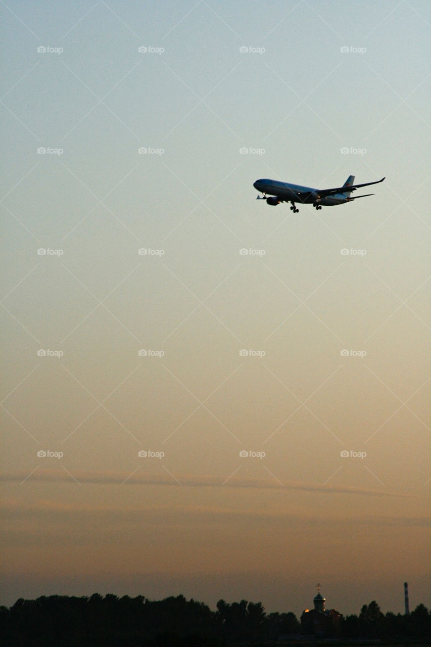 Sunset, airplane, church 