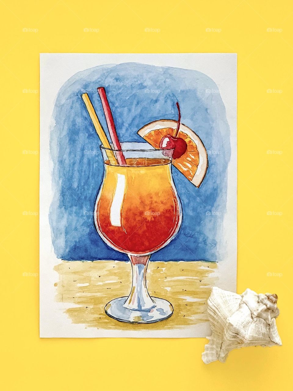 Watercolor sketch on yellow: orange cocktail on blue background, sea shell