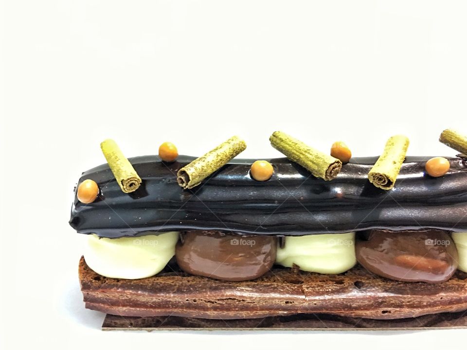 Chocolate, tonka bean and salted caramel eclair 