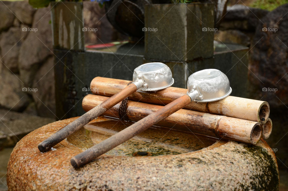 Two water ladles used for cleaning and purification at a temple in Japan