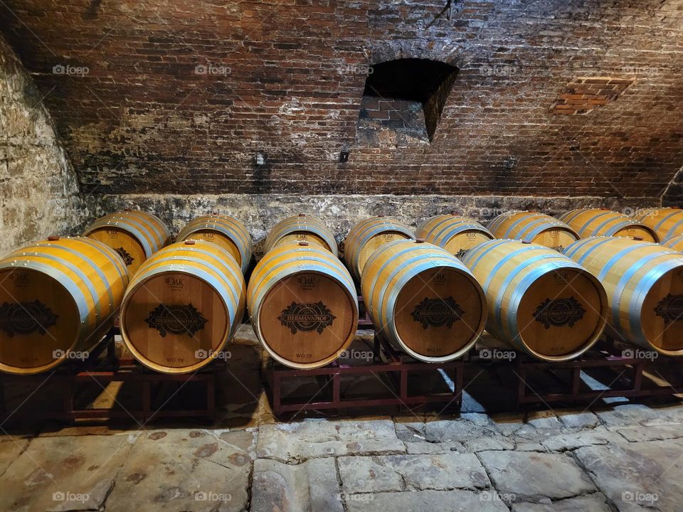 wine barrels in the hermanhoff wine cellars in Hermann, Missouri during Summer
