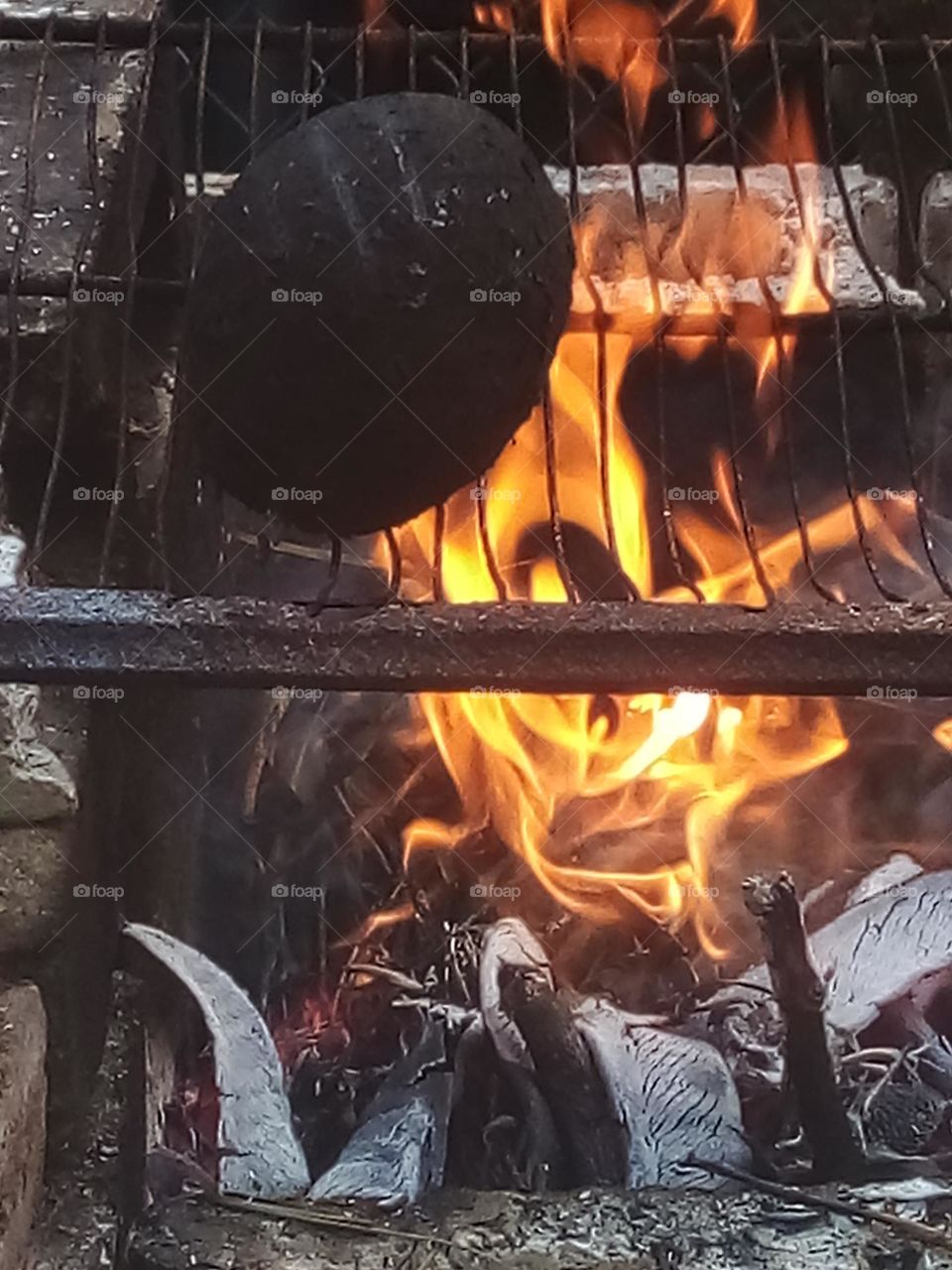 Roasting breadfruit on an open flame in the evening.