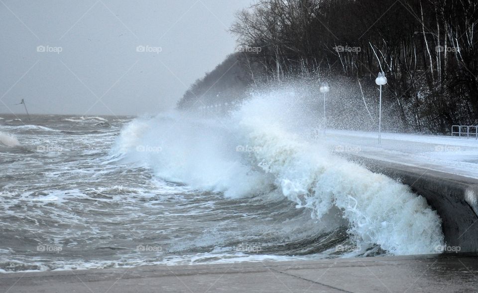 splashing water - stormy waves on the Baltic sea in Poland