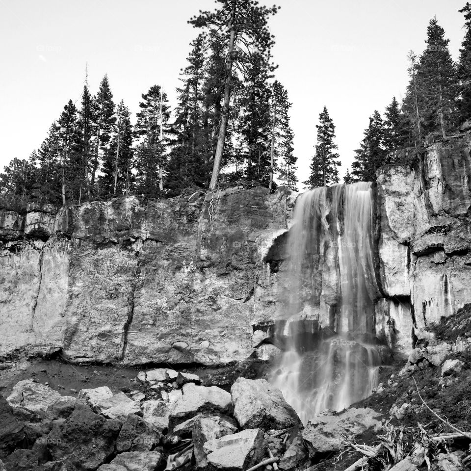 Paulina Falls in the Newberry National Volcanic Monument in Central Oregon rushes over a cliff in a forest of trees on a summer evening. 