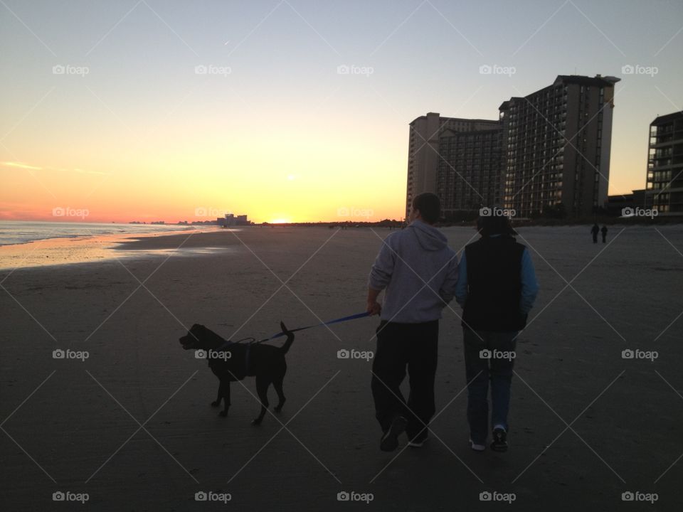 Family walking dog by sunset. Family walking dog on the beach during sunset