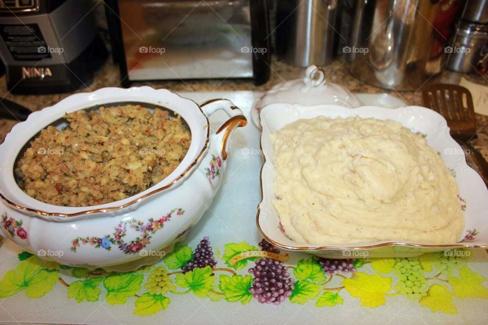 Stuffing and mashed potatoes.
