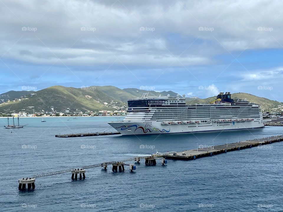 A cruise ship docked in the harbor at Saint Martin
