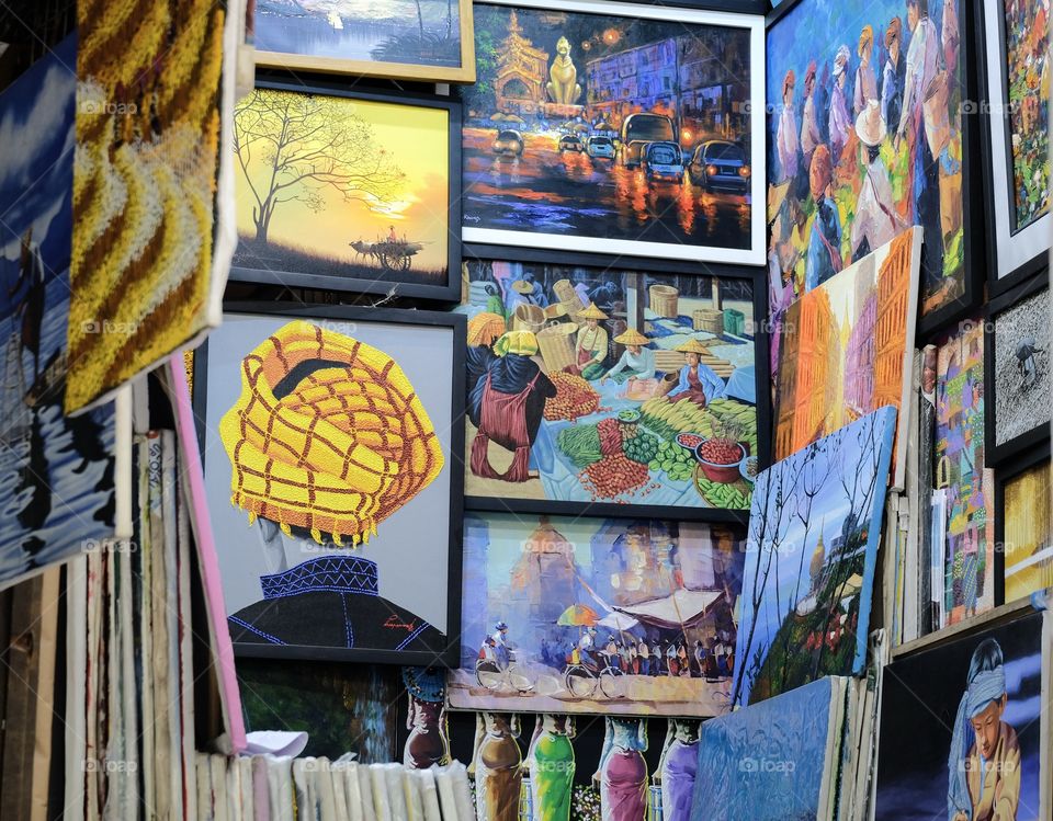 Local painting shop at Scott market (Bogyoke Aung San Market)in Rangoon, Myanmar