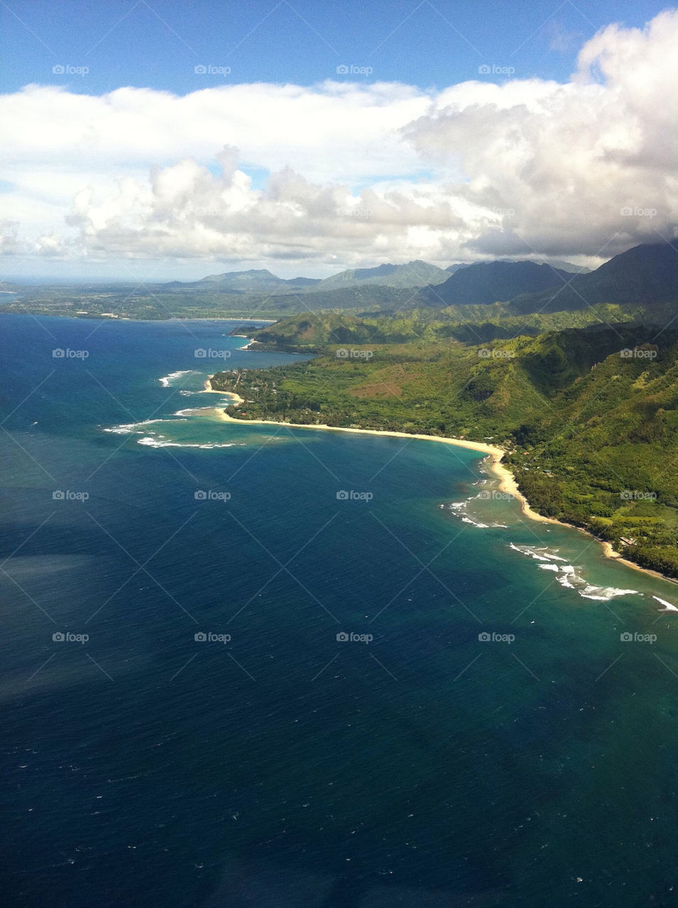 beach ocean mountain clouds by illusionfactory