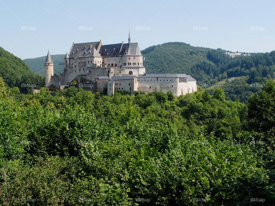 Chateau dé Vianden viewed through a lovely full forest against a backdrop of lush rolling hills outside of Vianden, Luxembourg on a sunny summer day. 