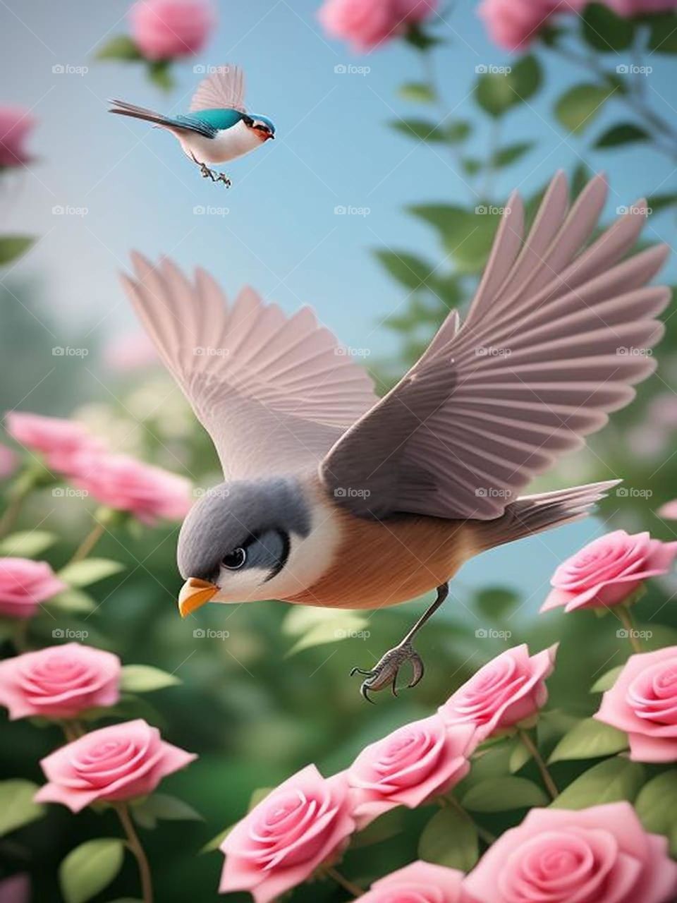 A beautiful bird flies among the roses