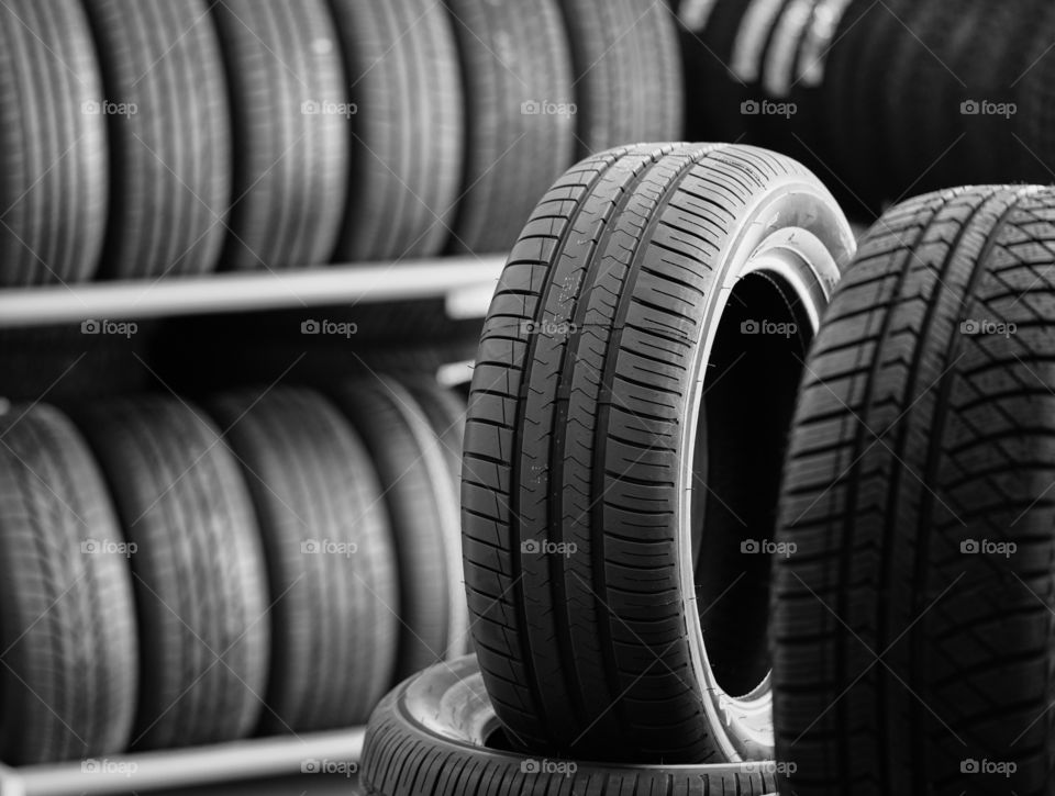 new car tyres stack, selective focus