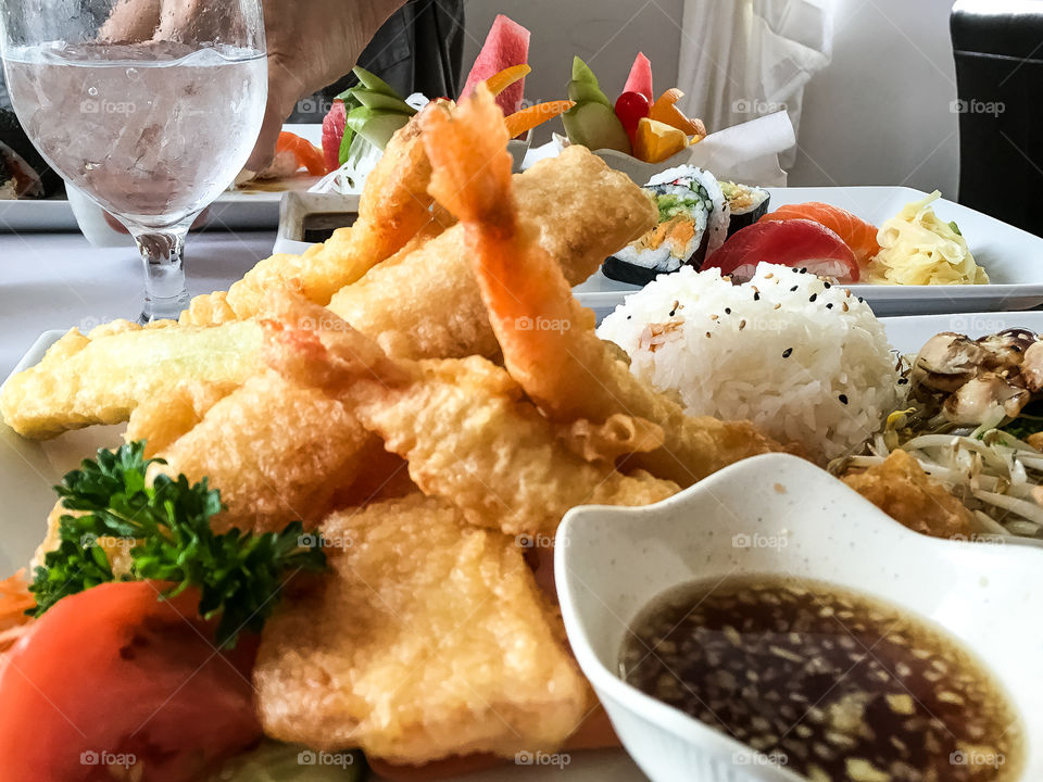 Japanese sushi, tempura dish closeup