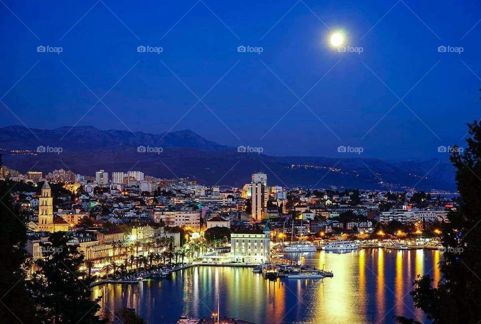 Split city from Croatia Night summer moon