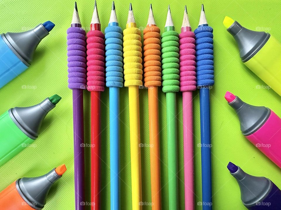 Colourful pencils and highlighters 