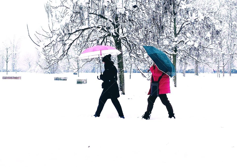 People are walking through the snow in the park