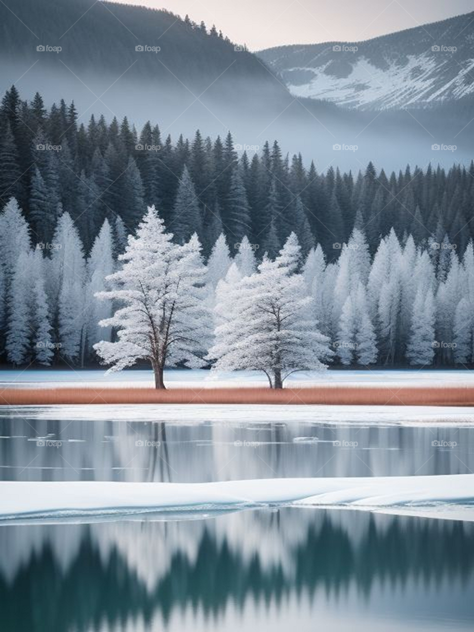 Frozen lake among trees