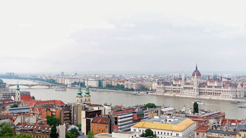 View of the city of Budapest and the river of Donau on a cloudy day