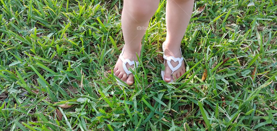 Toddler Feet in Heart Sandals Playing in the Grass
