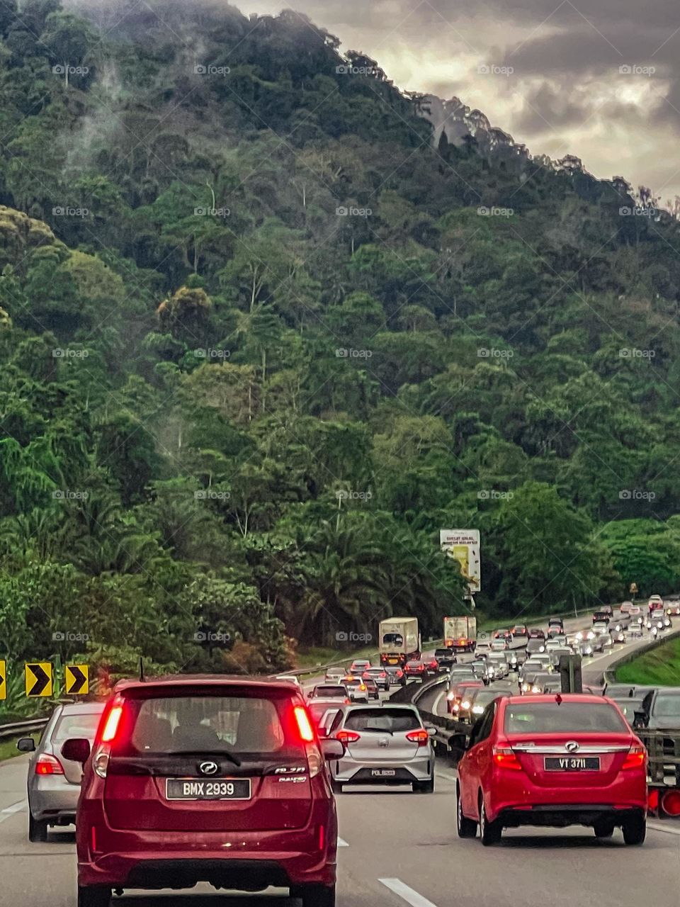 Traffic jammed on festive days on the highway on a rural area in Malaysia