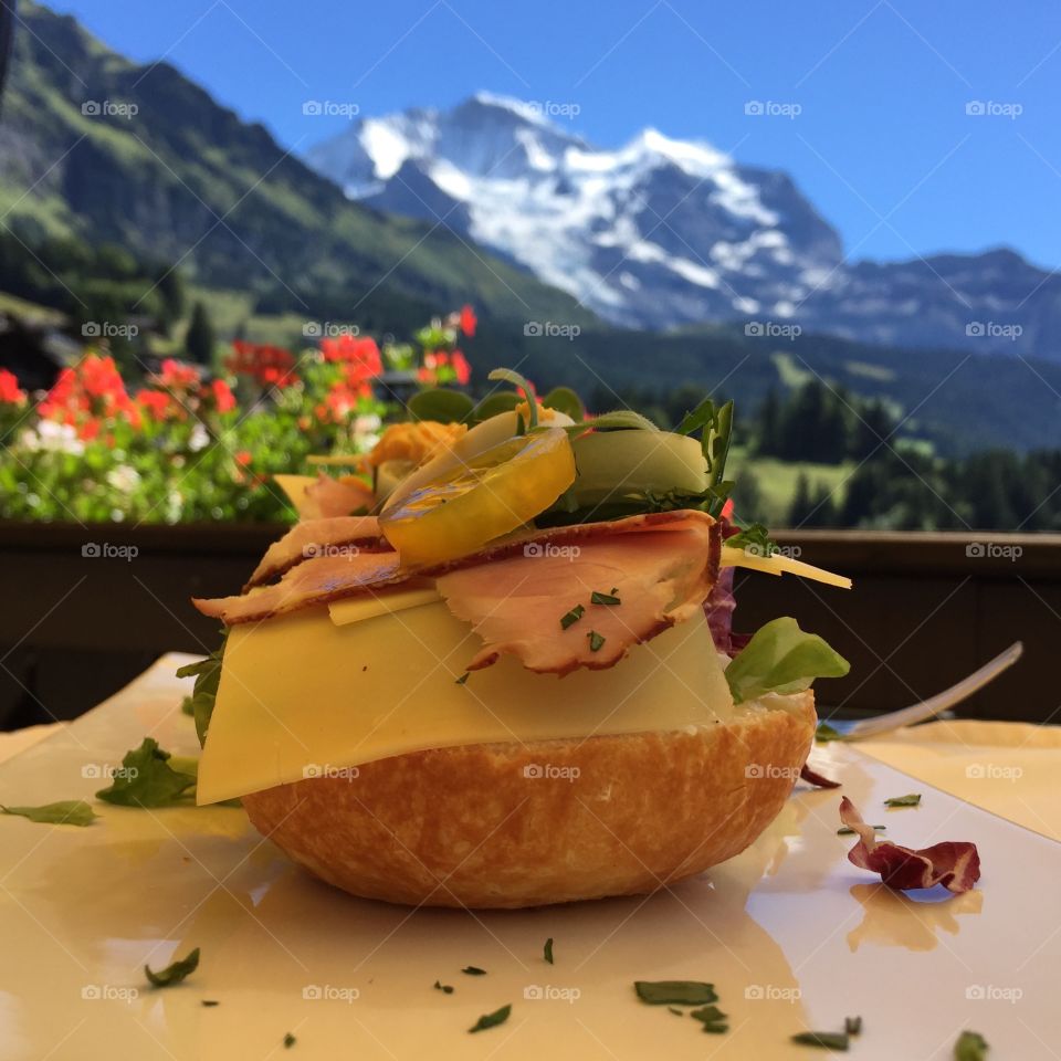 A sandwich with a view! (Hotel Caprice, Wengen, Switzerland) 5/5 Ham, cheese and egg sandwich on a sesame roll! 