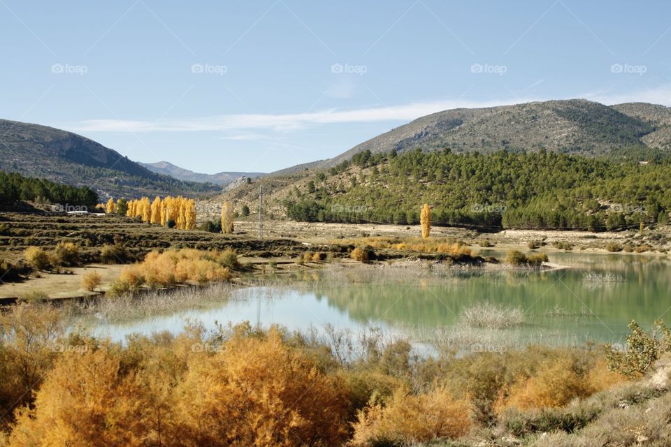 Walking along the river I have come across this autumn landscape. You can see the yellow and brown leaves of the trees. The river gives the photo a special color.