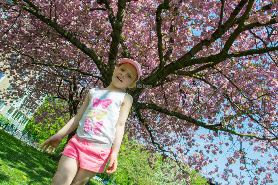 Tou girl is playing under a cherry blossom in a park in Malmö Sweden.