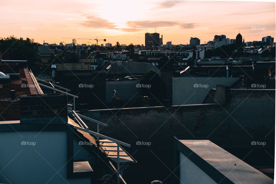 Roof tops at sunset in an industrial setting