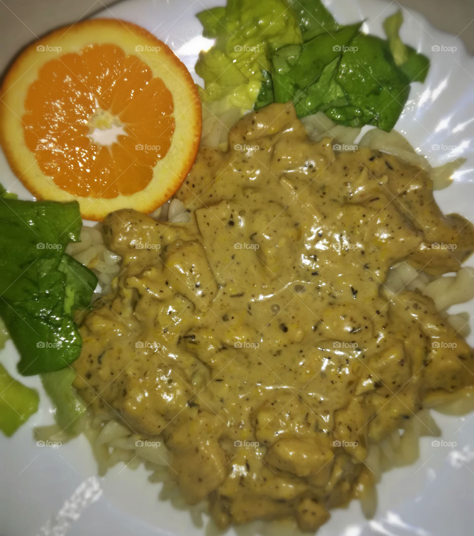 pasta, chicken with oranges. delicious dinner