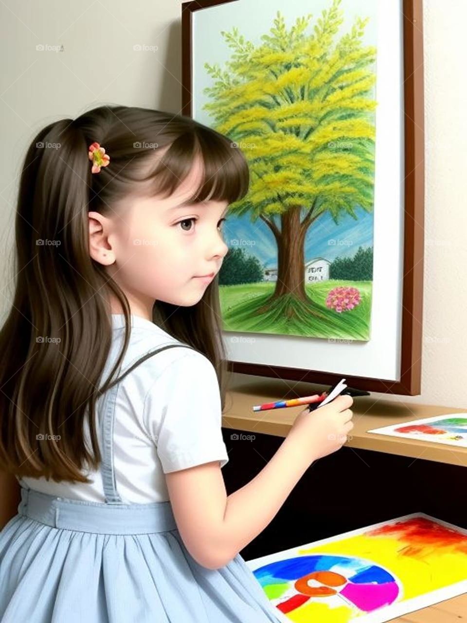 Cute little girl drawing a painting
