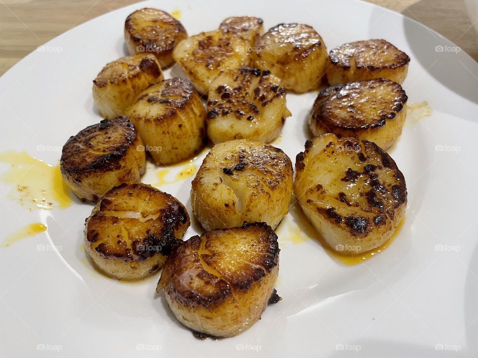 Seared pan fried scallops on white plate 