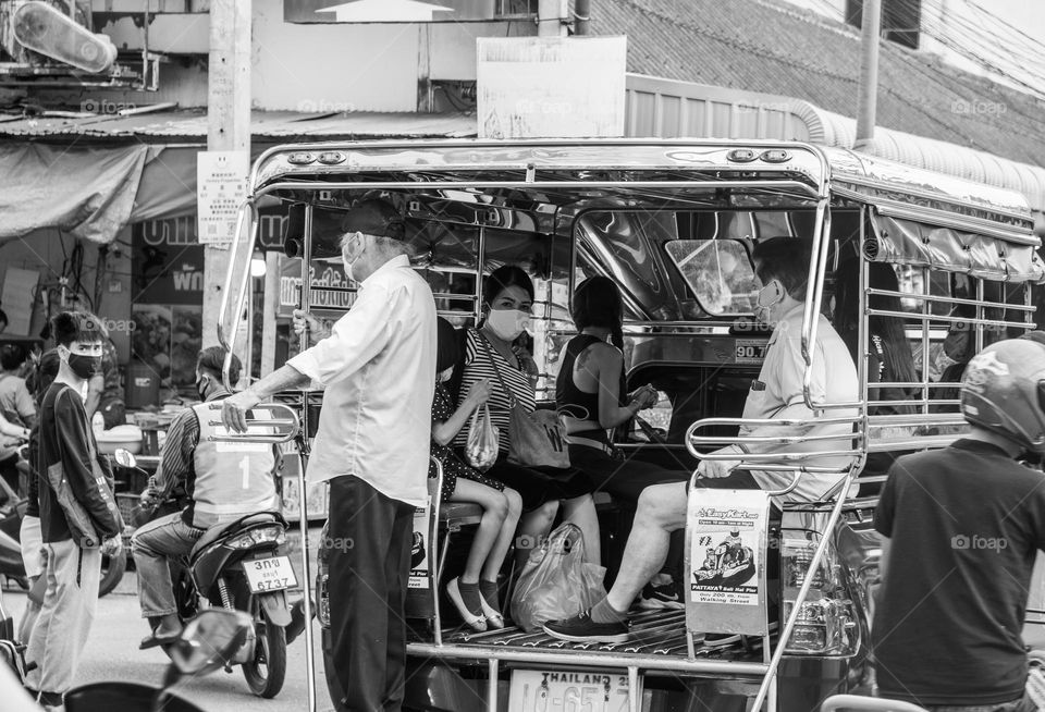 A Songthaew or Baht Taxi in the streets of Pattaya District Chonburi in Thailand Southeast Asia