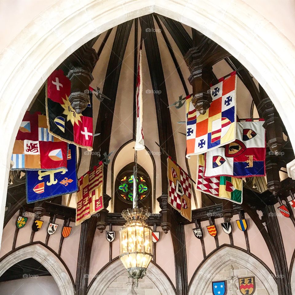 Royal flags inside Cindarella's castle at Magic Kingdom. 