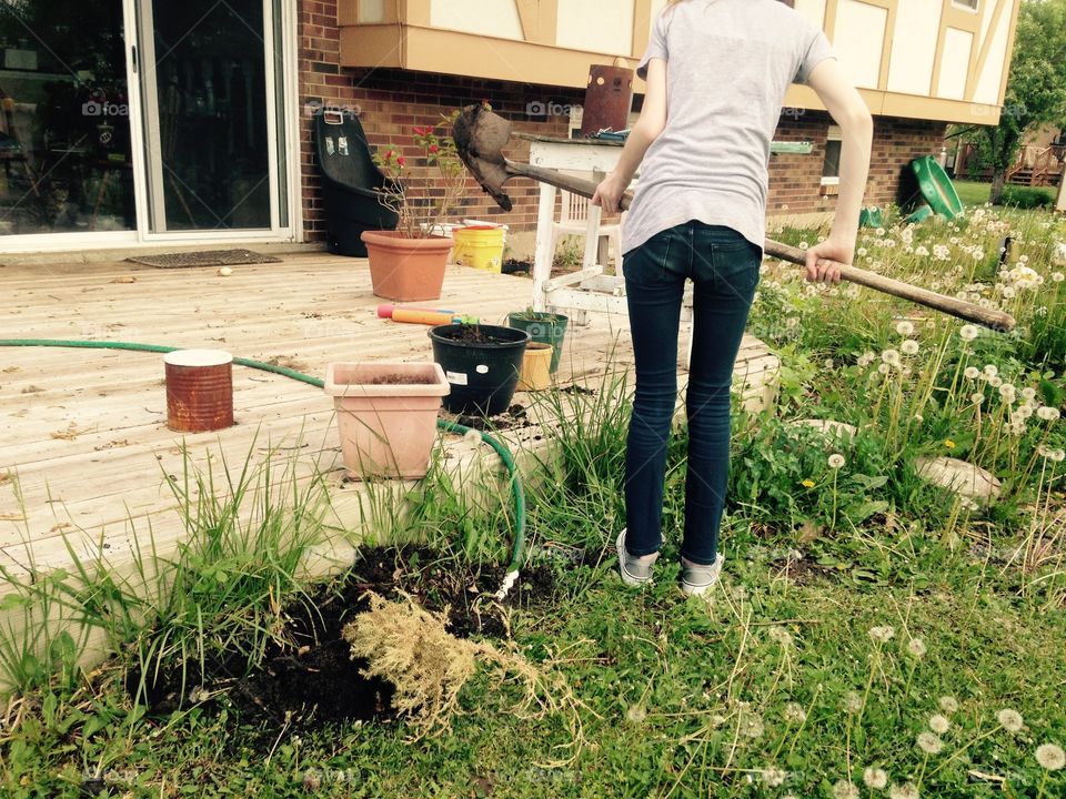 Girl planting a seed in a pot . Girl on deck planting near high grass