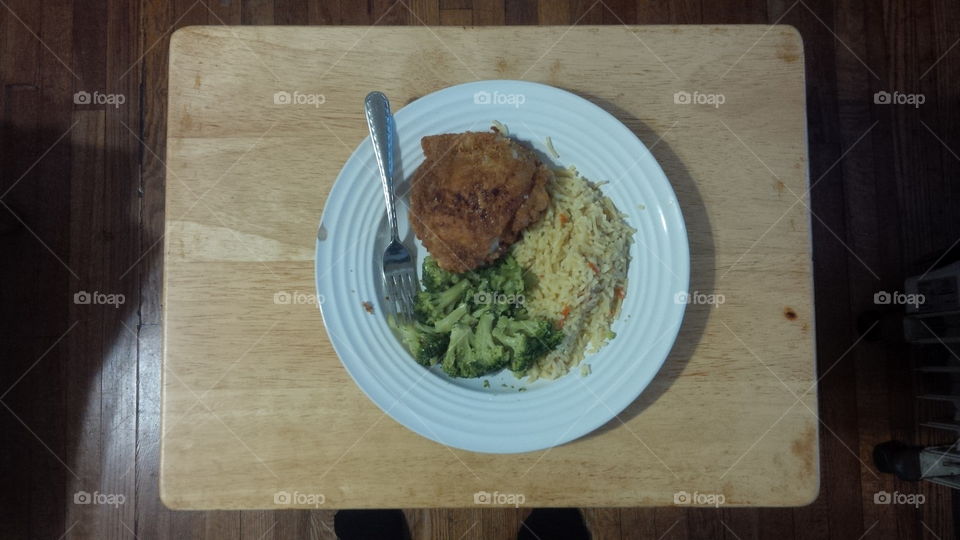 Fried Chicken Dinner With Rice and Buttered Broccoli