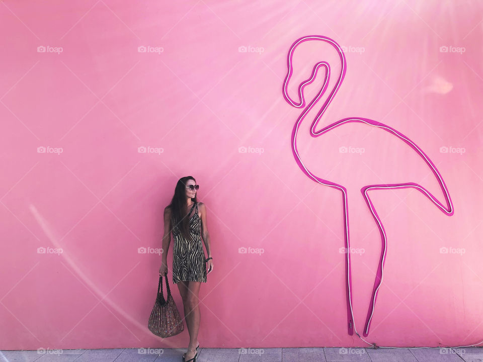 Young woman standing in front of a pink pastel wall with a silhouette of flamingo 