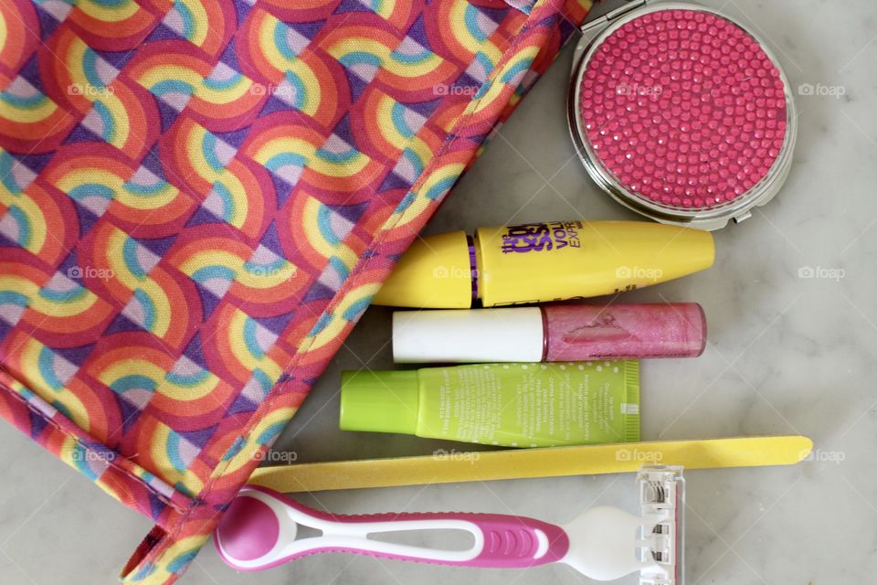 Beauty accessories and colorful handbag