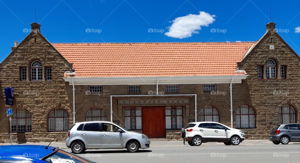 A photo of a bank in South Africa. Old building from the 1800s