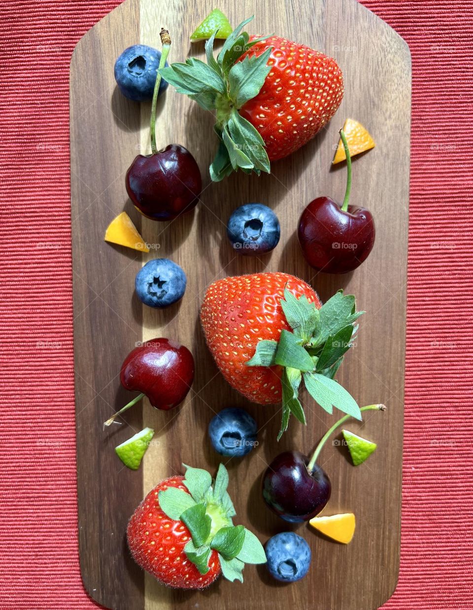 Summer treats, summer time, summer mood. Delicious summer berries: strawberry, blueberry, cherry. Refreshing snacks.