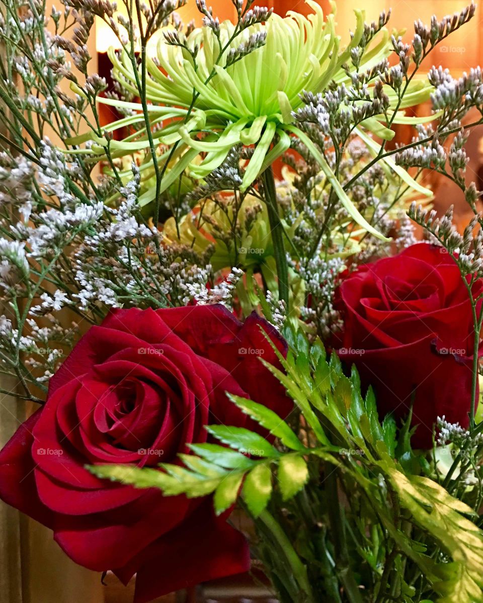 Red Roses and Lime Green Mums