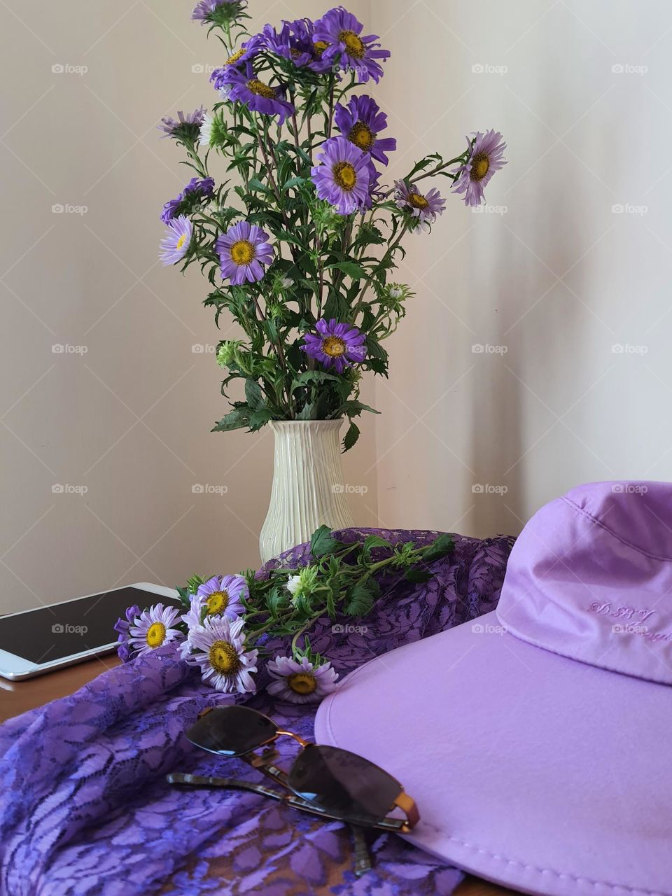 Lavender, purple, voilet  flower, hat, and scaff