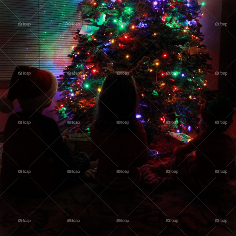 sillhouettes of young children sitting in front of a Christmas tree