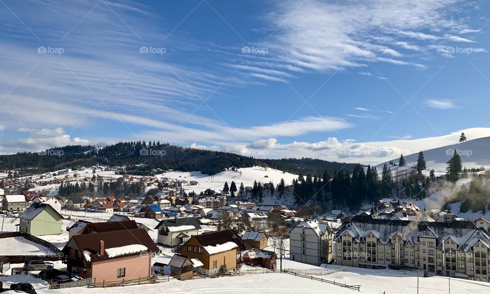 Snow mountain and blue sky, Carpathian Mountains in winter