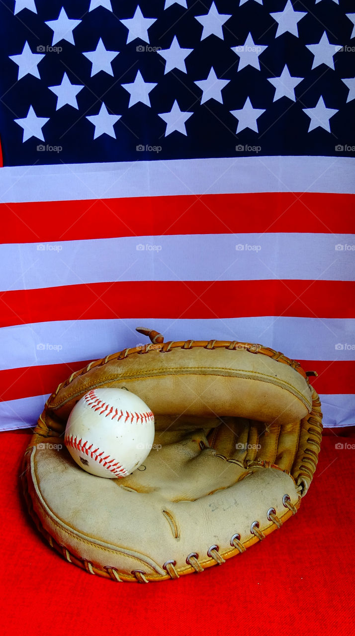 American flag with baseball and glove.