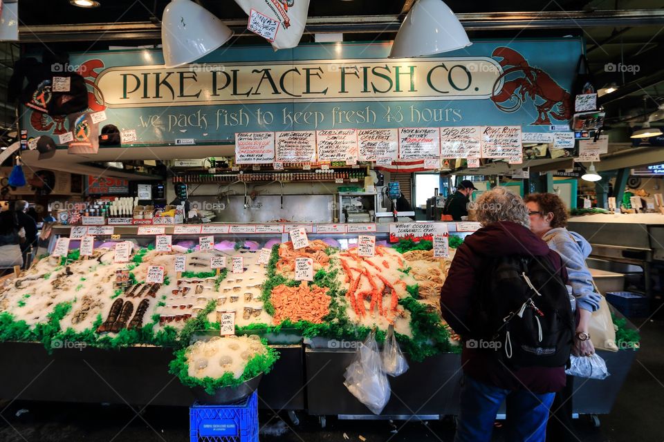 Fish shop at Pike place market Seattle Washington USA 