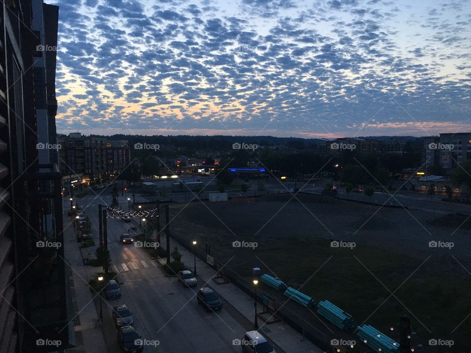 View of Cleveland Street, Redmond, Washington on a beautiful night with a nice cloud pattern