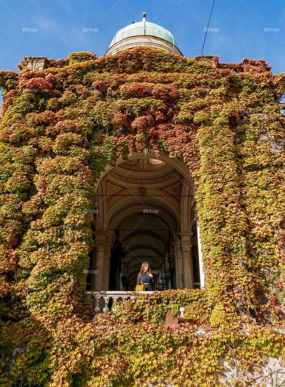 Young woman standing under arch of old bulding with amazing ivy in autumn colors